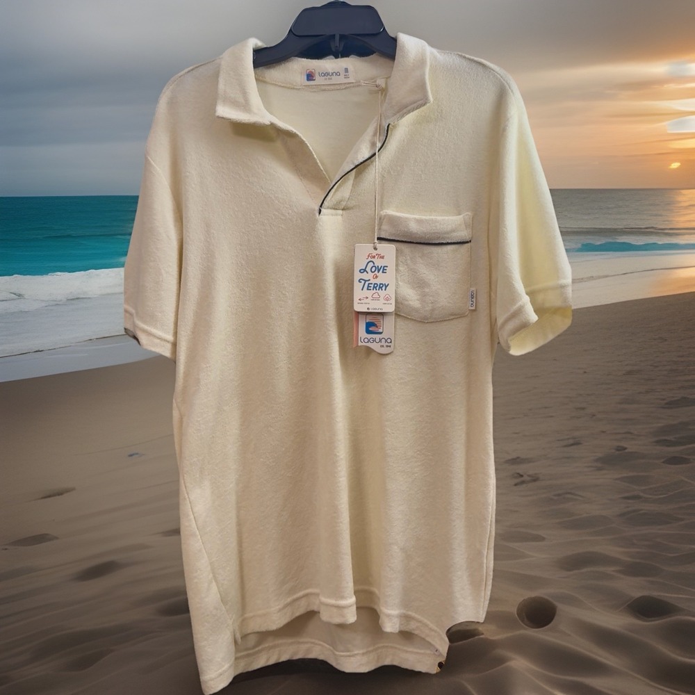 Laguna Terry Cloth Polo Short Sleeve Shirt Natural Color Medium Casual NWT Towel